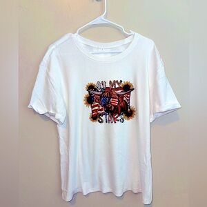 NWOT White Oversized Short Sleeve Tee with American Cow Patriotic Graphic